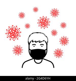 Uomo icona indossando maschera medica e circondato da corona virus covid-19. Illustrazione Vettoriale