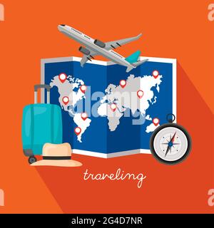 viaggi vacanze con mappa e icone Illustrazione Vettoriale