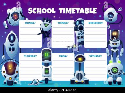 Robot, droni e androidi modello vettoriale orario scolastico. Programma cartoon educativo, tabella di tempo per i bambini per le lezioni. Progettazione settimanale telaio pianificatore w Illustrazione Vettoriale