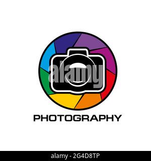 Icona della fotografia, diaframma del colore dell'obiettivo. Applicazione di editing di foto o fotocamere, servizio di stampa o emblema vettoriale rotondo da studio. Foto reflex digitale o mirrorless Illustrazione Vettoriale