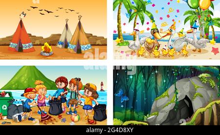 Quattro scene diverse con illustrazione dei personaggi dei cartoni animati per bambini Illustrazione Vettoriale