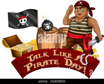 Parla come un banner del carattere del giorno dei pirati con l'illustrazione del personaggio dei cartoni animati pirati Illustrazione Vettoriale