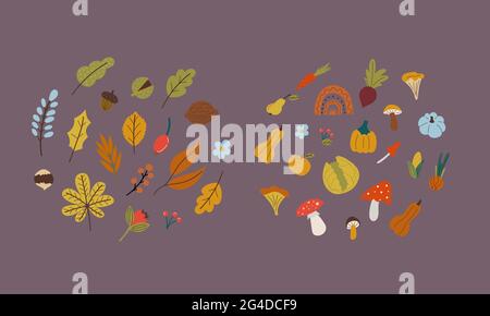 foglie autunnali , funghi, verdure in stile piatto Illustrazione Vettoriale