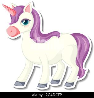 Graziosi adesivi unicorn con un'illustrazione del carattere unicorn viola Illustrazione Vettoriale