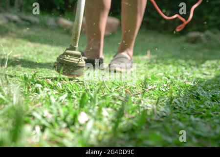 Taglio dell'erba. Uomo che usa il tagliaerba elettrico per falciare il prato. Sfocato, con spazio per la copia. Foto Stock