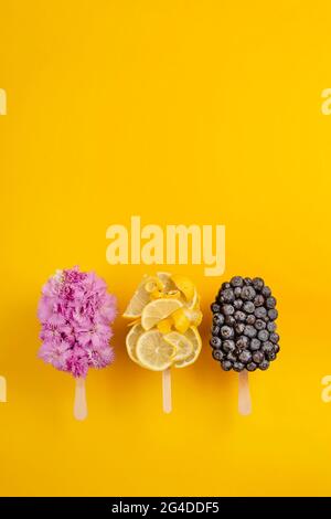 Gelato creativo a base di fiori, mirtilli e limone. Rinfrescante concetto di dessert estivo luminoso Foto Stock