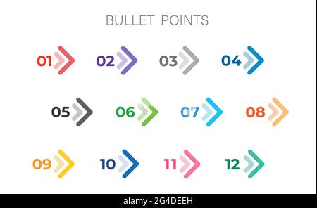 Frecce colorate isolate. Numero di direzione punti elenco da uno a dodici. Illustrazione Vettoriale