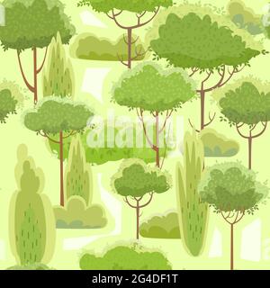 Campagna estate bellissimo paesaggio. Ripetizione senza giunture. Stile cartone animato. Alberi e arbusti. Bellezza romantica. Sfondo. Illustrazione del design piatto. Arte vettoriale Illustrazione Vettoriale