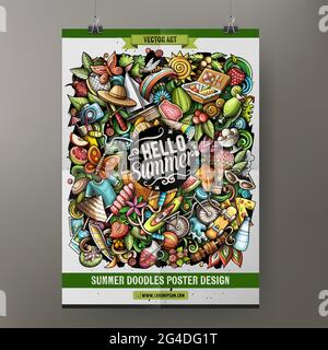 Cartoon vettore doodles Summer poster template. Illustrazione Vettoriale