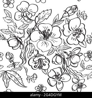 Carino disegno a mano senza cuciture con fiori sakura. Ciliegio. Illustrazione in bianco e nero su sfondo bianco. Illustrazione Vettoriale