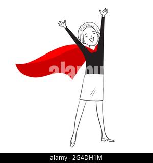 Vector Woman in Red Cloak isolato su sfondo bianco. Donna d'affari con mani in su.Cartoon eroe in piedi con capo ondeggiante nel vento. Concetto di leader Illustrazione Vettoriale