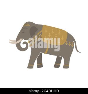 Silhouette vettoriale dell'elefante isolata su sfondo bianco. Elefante indiano o africano con velo e decorazioni. Illustrazione Vettoriale