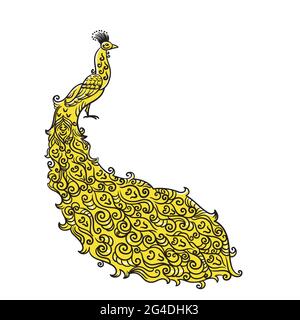 Pavone giallo isolato su sfondo bianco. Contorno uccello oranmentale. Illustrazione dello stock vettoriale. Illustrazione Vettoriale