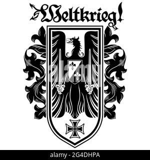 Design accattivante. Emblema araldico medievale, aquila araldica e cavalieri scudo Illustrazione Vettoriale