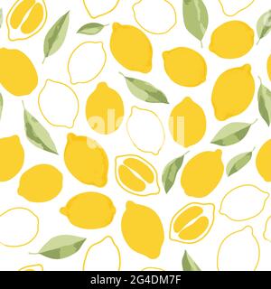 Motivo tropicale senza giunture con limoni gialli, foglie verdi e fette di limone. Disegno a mano su sfondo bianco. Illustrazione Vettoriale