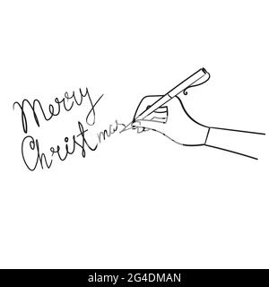 Mano con una penna. Donna scrive buon Natale, disegno a mano. Illustrazione lineare dello stock isolata su sfondo bianco.biglietto di auguri. L'uomo scrive una lettera Illustrazione Vettoriale