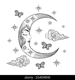 Crescent con la falce e le stelle.Young Female faccia nella luna.Tattoo design, mistico simbolo magico.stile Boho. Illustrazione del disegno a mano isolata in bianco Illustrazione Vettoriale