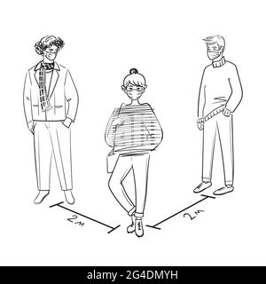 Gli uomini e la donna che indossano maschere mediche.persone che mantengono la distanza per l'infezione Risk.Social Distancing.Weding maschera medica per prevenire il virus Covid-19 Illustrazione Vettoriale