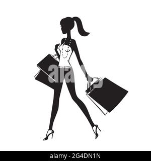 Silhouette nera di una bella giovane donna shopping.Marketing poster.Isolated Stock illustrazione su sfondo bianco. Illustrazione Vettoriale