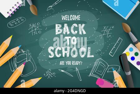 Torna a scuola simpatico testo divertente con forniture scolastiche ed elementi educativi. Concept design, banner, biglietto, saluto. Illustrazione vettoriale. Illustrazione Vettoriale