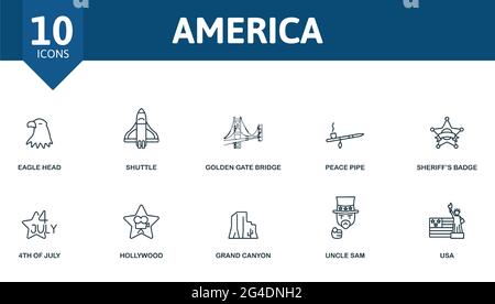 Set di icone USA. Contiene icone modificabili usa tema come la statua della libertà, stemma d'america, il calcio americano e molto altro ancora. Illustrazione Vettoriale