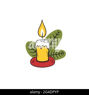 Illustrazione dello stock di Natale con candela di Natale con fiamma e rami di abete verde isolati su sfondo bianco.cartoon colorato sticker.hand disegno Illustrazione Vettoriale