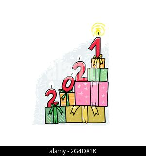 Scatole con regali isolati su sfondo bianco.anno nuovo 2021. Calendario candela. Illustrazione di scorta. Illustrazione Vettoriale