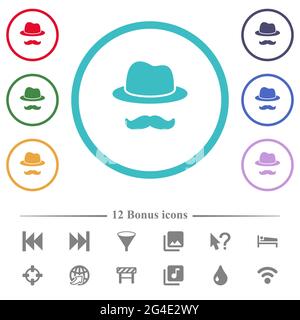 Incognito con baffi piatte icone di colore in forma circolare contorni. 12 icone bonus incluse. Illustrazione Vettoriale