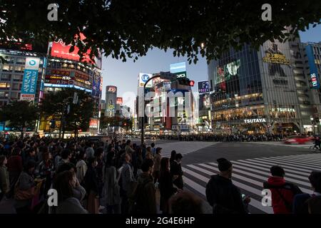 Persone al Shibuya Scramble Crossing a Tokyo, Giappone Foto Stock