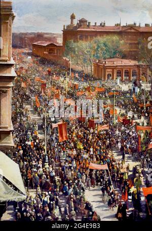 Manifestazione sul Prospetto il 25 ottobre di Isaac Brodsky ( Rivoluzione russa 1917 - 1945 ) Lenin Stalin propaganda russa - Pubblicità Russia URSS Foto Stock