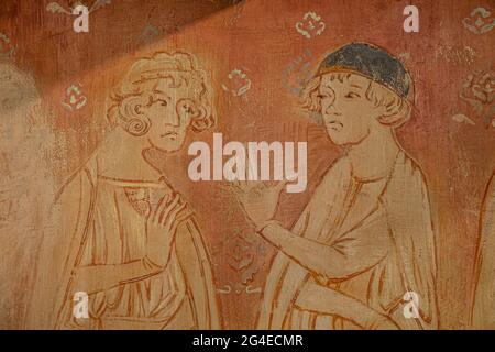 FRANCIA - AUDE (11) CASTEL VILLEROUGE-TERMENES. AFFRESCO RAFFIGURANTE BELIBASTE (L'ULTIMO 'PARFAIT') E IL SUO COMPAGNO CATARO PHILIPPE D'ALAIRAC Foto Stock