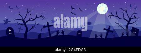 Buon banner di Halloween con fantasmi e pipistrelli spaventosi sul cimitero. Spaventoso sfondo notturno con zombie e luna. Illustrazione vettoriale. Foto Stock