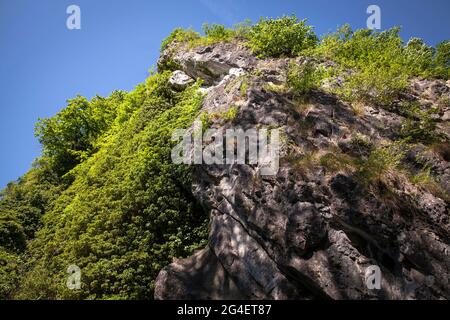 Roccia nella valle Hoenne tra Hemer e Balve, regione Sauerland, Nord Reno-Westfalia, Germania. Hemer und Balve, S Foto Stock