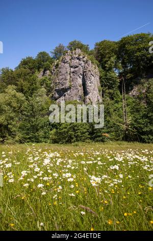 La formazione rocciosa sette Vergini (vista parziale) nella valle Hoenne tra Hemer e Balve, regione Sauerland, Nord Reno-Westfalia, Germania. Die Foto Stock