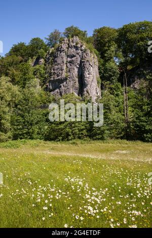 La formazione rocciosa sette Vergini (vista parziale) nella valle Hoenne tra Hemer e Balve, regione Sauerland, Nord Reno-Westfalia, Germania. Die Foto Stock