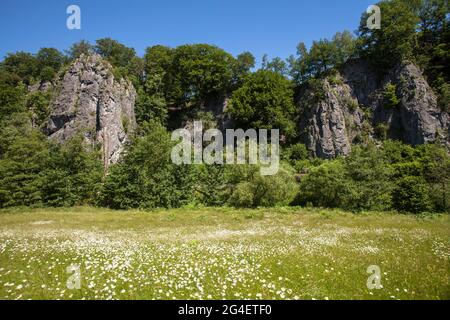 La formazione rocciosa sette Vergini (vista parziale) nella valle Hoenne tra Hemer e Balve, regione Sauerland, Nord Reno-Westfalia, Germania. Die Foto Stock