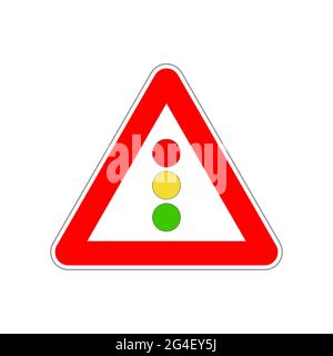 Icona del semaforo sul triangolo rosso e bianco su bianco Illustrazione Vettoriale