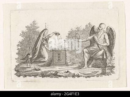 . Vignet dopo il secondo centenario del 1778 dell'Alternatie di Amsterdam (1578). Padre tempo e una donna allegorica che porta un sacrificio su un altare con le braccia di Amsterdam. Foto Stock
