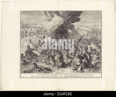 . Mentre l'esercito egiziano attraversa il Mar Rosso, Mosè rifluirà l'acqua. Il faraone e il resto dell'esercito sono arrossati e annegati. Sullo sfondo gli Israeliti (es. 14: 23-28). La stampa ha una didascalia in ebraico, latino, francese, inglese, tedesco e olandese. Foto Stock