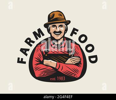 Logo del cibo agricolo. Coltivatore, prodotti biologici emblema illustrazione vettoriale Illustrazione Vettoriale