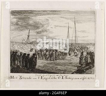 . Stranding the English East Indiesman General Barker at Zandvoort, 16 febbraio 1781. I sopravvissuti sono portati a terra con una barca da pesca, con spettatori sulla spiaggia. Un carrello di cavallo viene a raccogliere i dragins. Foto Stock