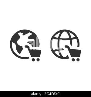 Globo con l'icona del vettore del carrello della spesa. Black Planet, e commerce, simbolo del negozio online. Illustrazione Vettoriale