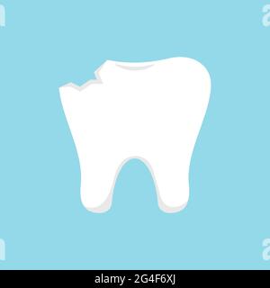 Icona dentaria scheggiata isolata su sfondo blu. Illustrazione Vettoriale