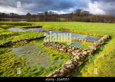 Fortezza romana di Galava ad Ambleside con acque alluvionali da un evento meteorologico estremo, Lake District, UK. Foto Stock