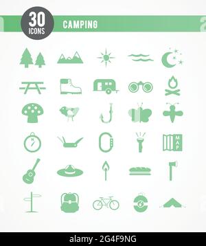 Set di icone verdi per campeggio. 30 oggetti. Illustrazione vettoriale, design piatto Illustrazione Vettoriale