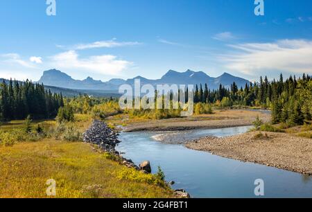 Vista sul fiume verso le montagne, alberi autunnali decidui, Montagne Rocciose al Glacier National Park, Kennedy Creek, Glacier County, Montana, USA Foto Stock