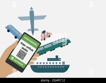 Viaggiare con il concetto di passaporto di vaccinazione di covid. Certificato unico digitale con diversi tipi di trasporto: Aereo, auto, autobus, treno, nave. Illustrazione Vettoriale