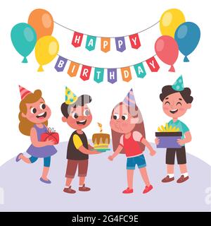 Carino bambini che festeggiano una festa di compleanno. Bambina che soffia le candele. Felici i bambini con regali sorridenti e festeggiamenti. Illustrazione Vettoriale