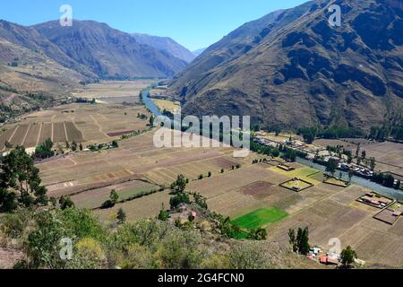 Campi raccolti in Valle Sagrado a Rio Urubamba, Pisac, regione di Cusco, provincia di Urubamba, Perù Foto Stock