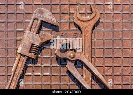 Vecchio utensile con inglese, pinze a becchi, chiave su piastra in ferro umido arrugginito, Germania Foto Stock